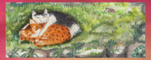 Ein Aquarell zeigt eine schwarz-weiße Katze, die eine schlafende orange gestreifte Katze in einer Grasfläche umarmt und so ihre harmonische Ankunft symbolisiert. In der Nähe huscht eine kleine braune Maus im Gras davon. Die Szene wird von einem rosa Rand eingerahmt.