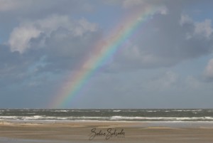 Ein leuchtender Regenbogen wölbt sich über einem stürmischen Ozean und bildet einen Kontrast zu den rauen Wellen und dem bewölkten Himmel. Der Horizont ist geprägt von den sanften, gedämpften Tönen des Sandstrands unter dem Regenbogen – wahrhaftig Fotos zum Träumen.