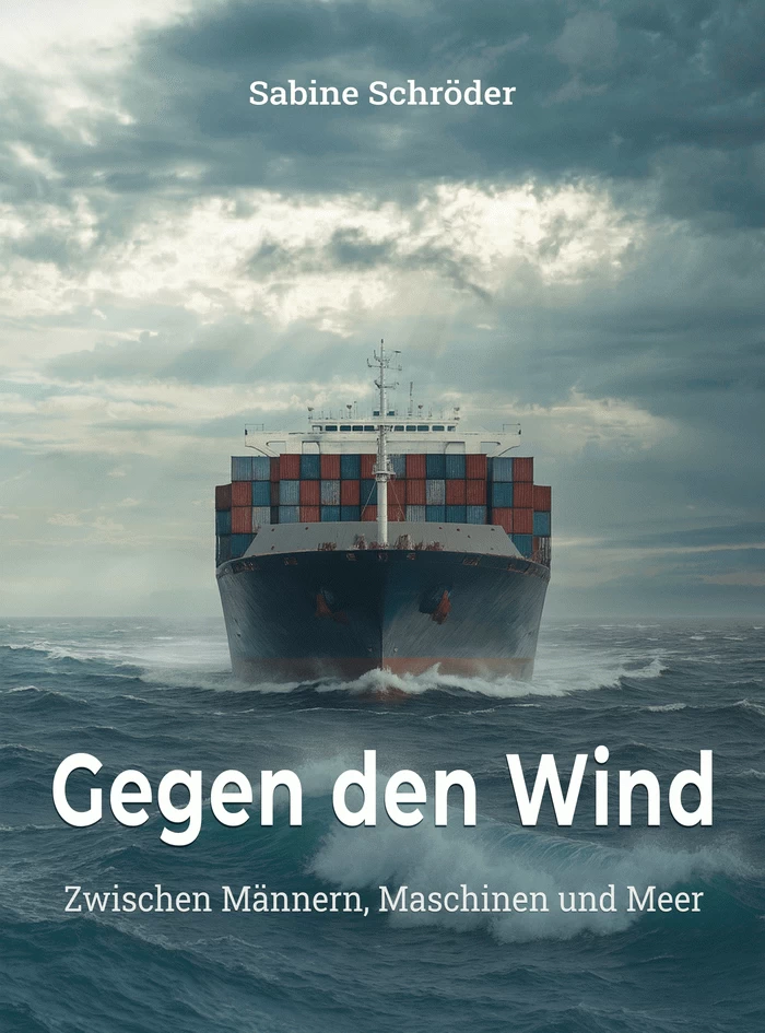 Gegen den Wind Buchcover Gegen den Wind von Sabine Schröder zeigt ein Containerschiff auf stürmischer See.
