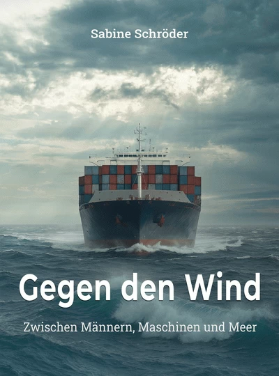 Buchcover Gegen den Wind von Sabine Schröder zeigt ein Containerschiff auf stürmischer See.